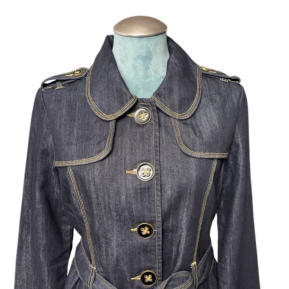 Baccini Denim Trench Coat Women’s Sz M Dark Wash Tie Belt Long Jacket Streetwear - Picture 2 of 9